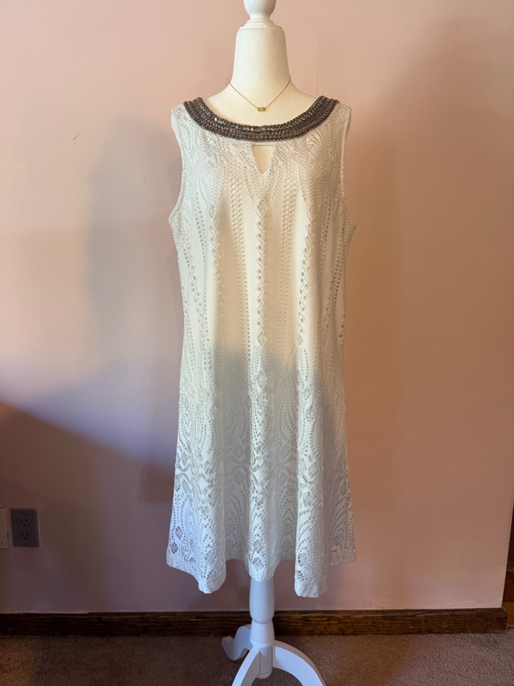 Westport Ivory Lace Sleeveless Shift Dress with Beaded Collar